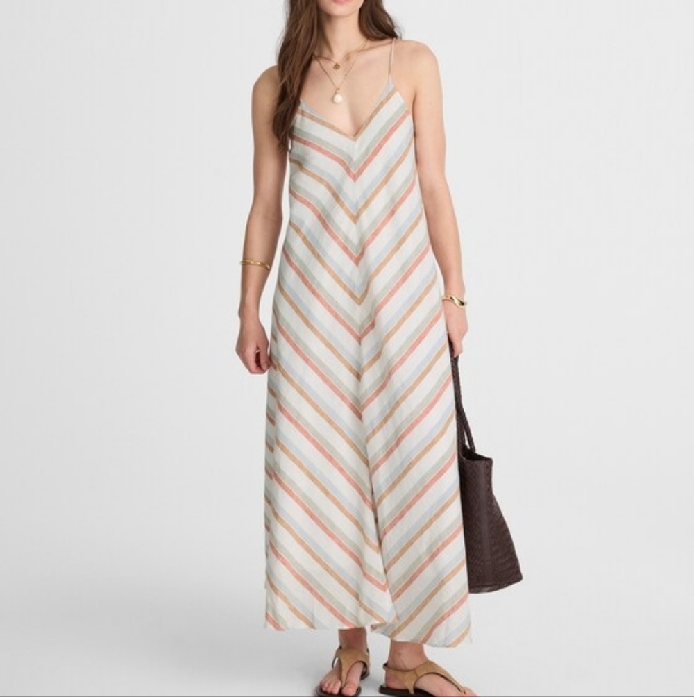 Madewell Blue And red Striped V-Neck Midi Dress in 100 Linen With Pockets Medium